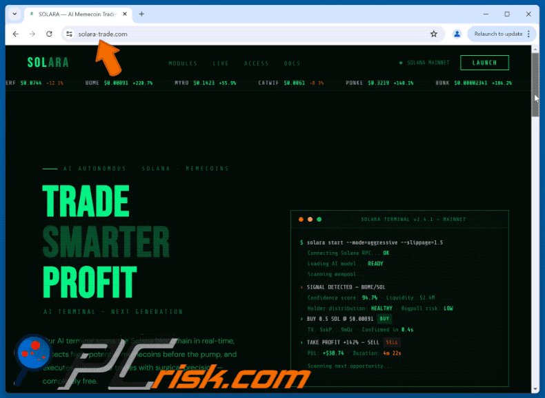 Appearance of SOLARA — AI Memecoin Trading Terminal On Solana scam (GIF)