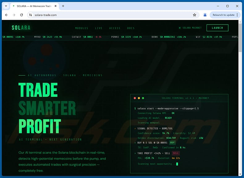 SOLARA — AI Memecoin Trading Terminal On Solana scam (solara-trade[.]com)