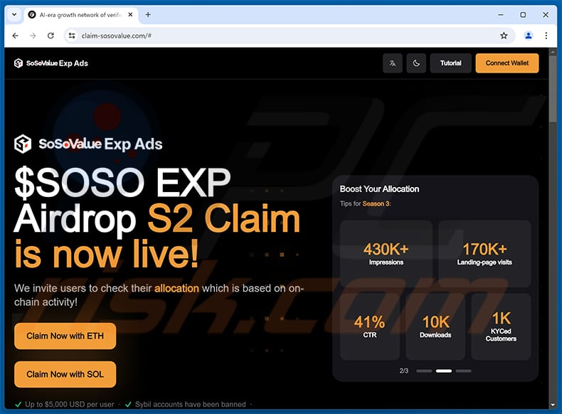 Drainer website (claim-sosovalue[.]com) promoting SoSoValue airdrop scam