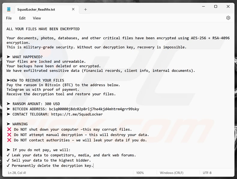 SquadLocker ransomware ransom note (SquadLocker_ReadMe.txt)