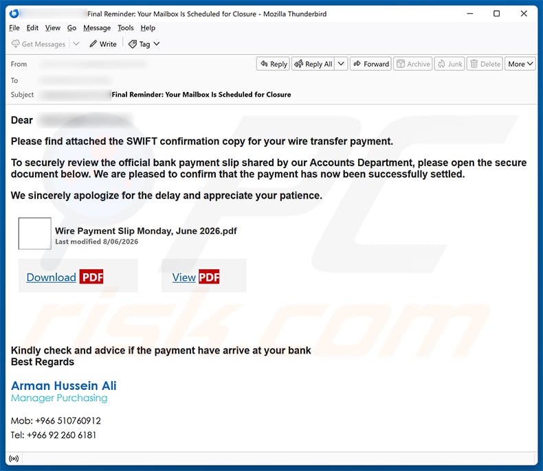 SWIFT Confirmation Copy email spam campaign