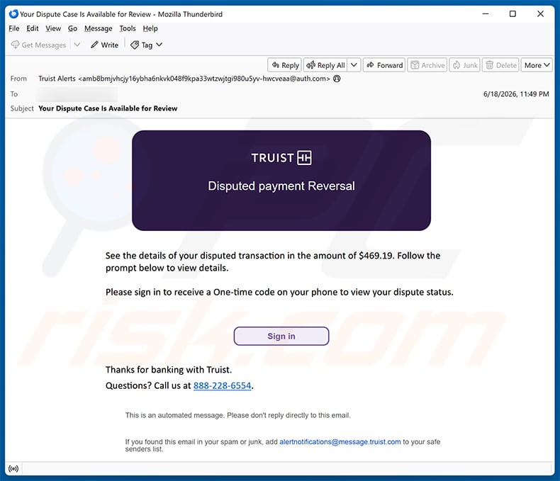 Disputed Truist transactions email scam (2026-06-19)