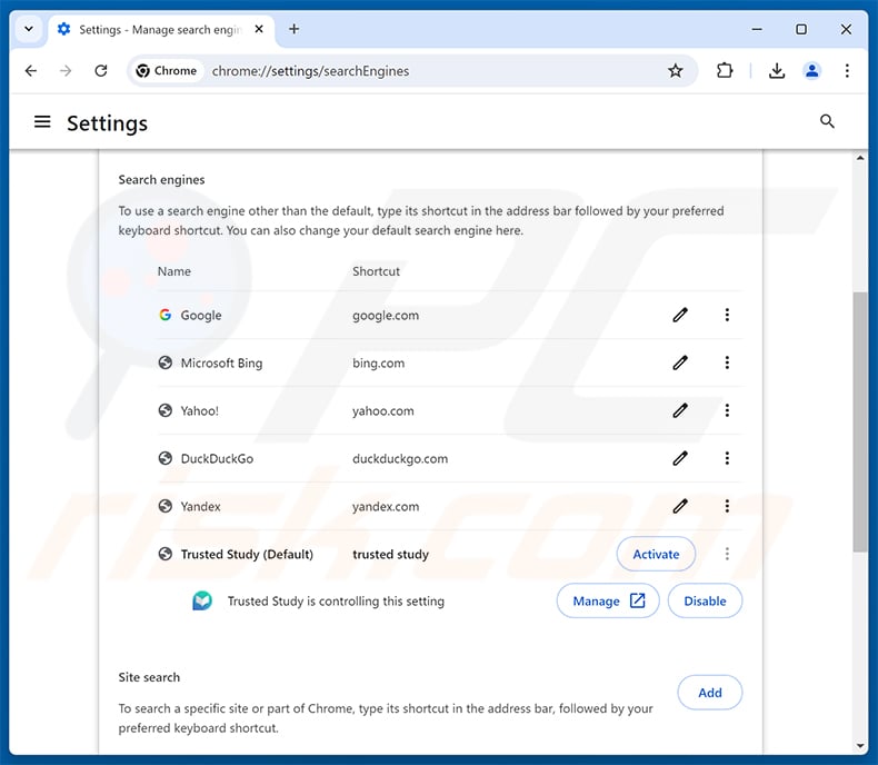 Removing trustedstudysearch.com from Google Chrome default search engine