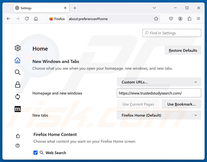 Removing trustedstudysearch.com from Mozilla Firefox homepage