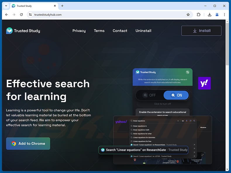 Trusted Study browser hijacker promotional website