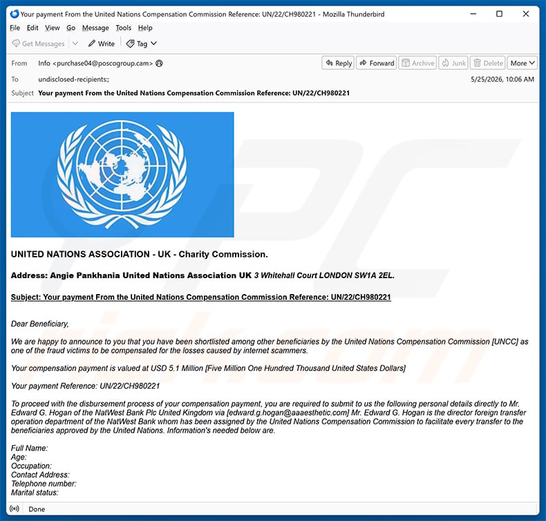 United Nations - Scam Victim Compensation email scam (2026-06-01)