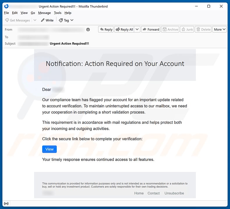Update Related To Account Verification email spam campaign