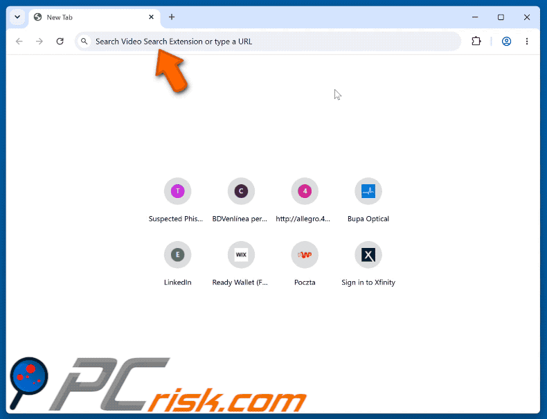 Video Search Extension (myvideolibrary.info) browser hijacker redirecting to Bing (GIF)