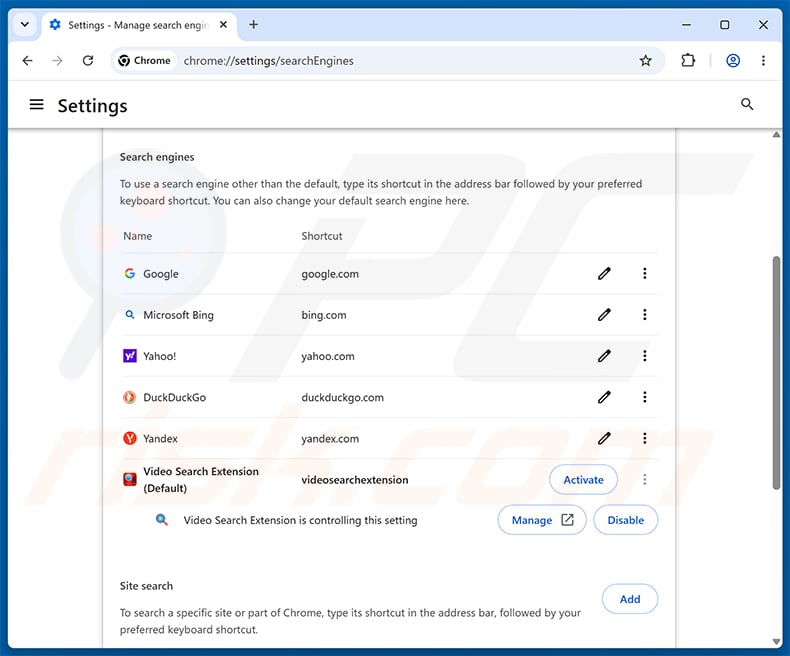 Removing Video Search Extension (myvideolibrary.info) from Google Chrome default search engine