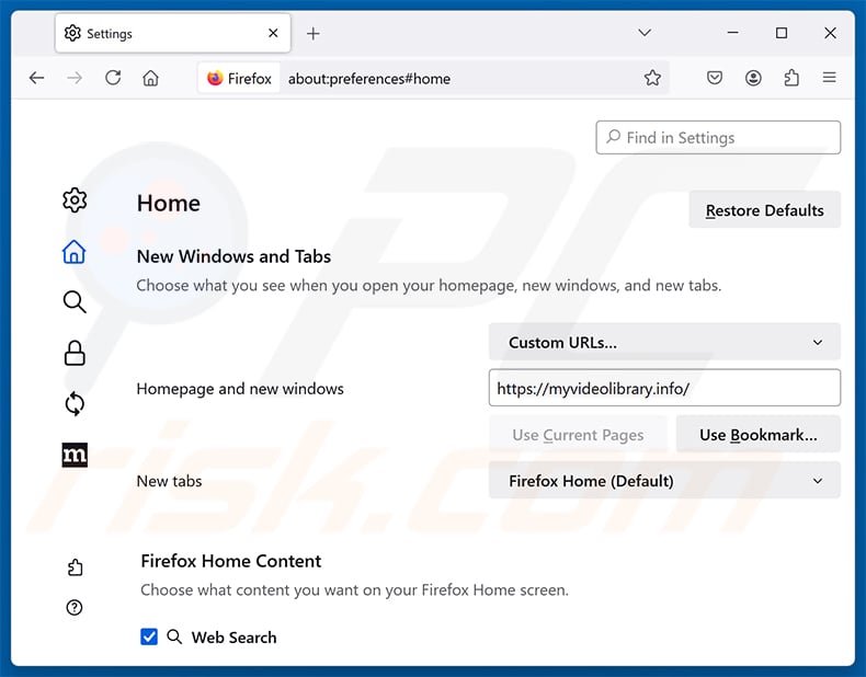 Removing Video Search Extension (myvideolibrary.info) from Mozilla Firefox homepage