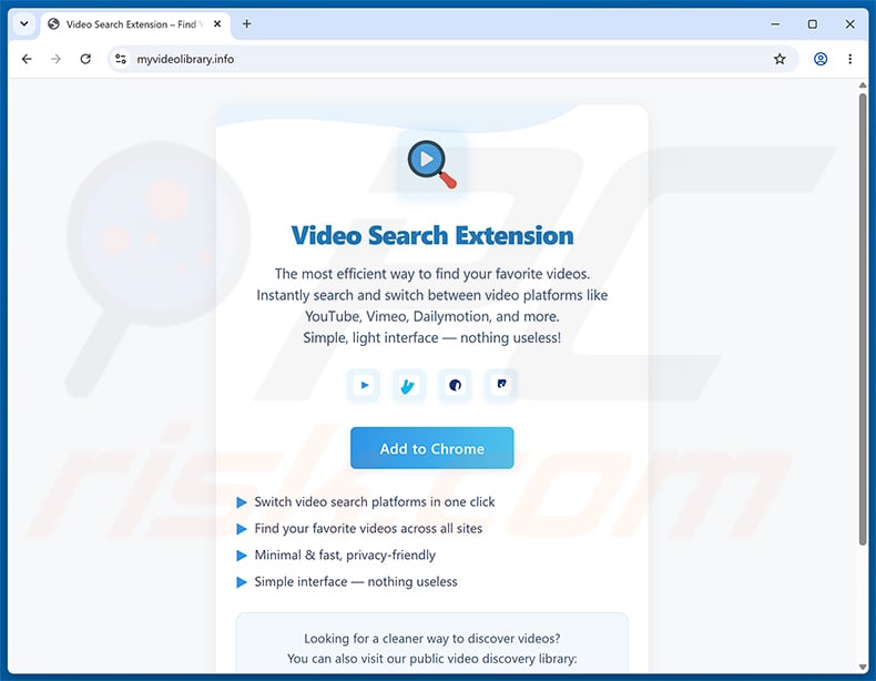Website promoting Video Search Extension (myvideolibrary.info) browser hijacker