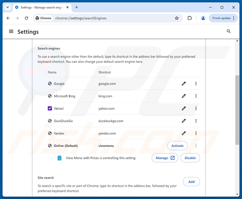 Removing View Menu with Prices (viewmenuprices.com) from Google Chrome default search engine