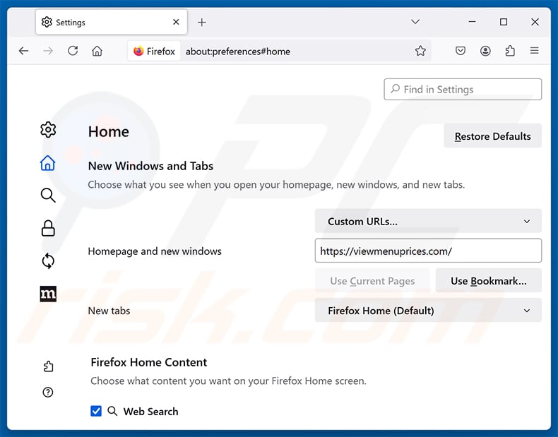 Removing View Menu with Prices (viewmenuprices.com) from Mozilla Firefox homepage
