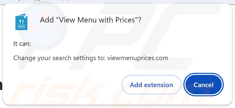 Permissions asked by View Menu with Prices (viewmenuprices.com) browser hijacker