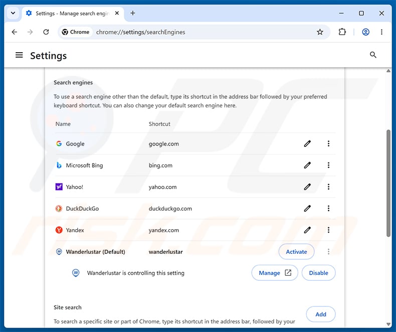 Removing wanderlustar.com from Google Chrome default search engine
