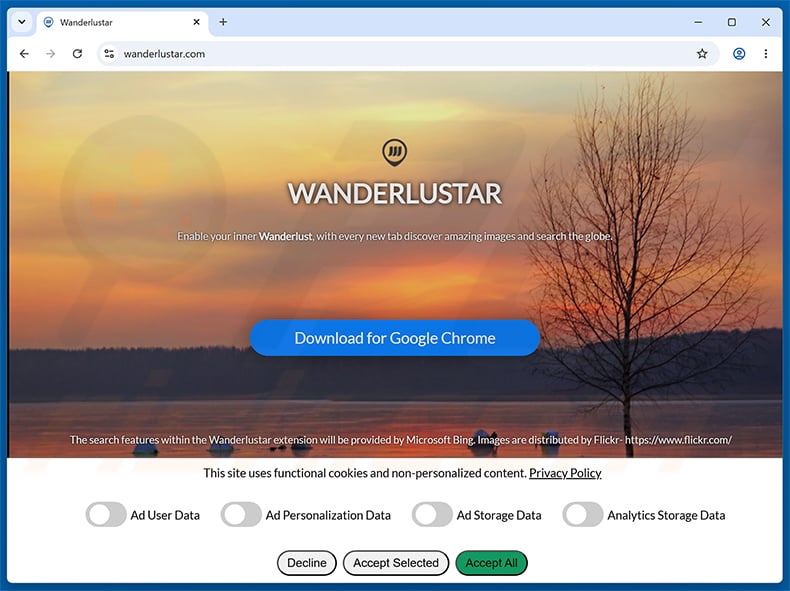 Wanderlustar browser hijacker promotional website