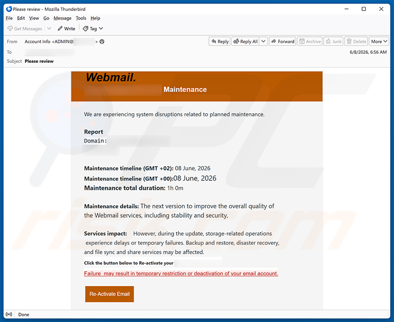 Webmail System Maintenance email scam (2026-06-09)