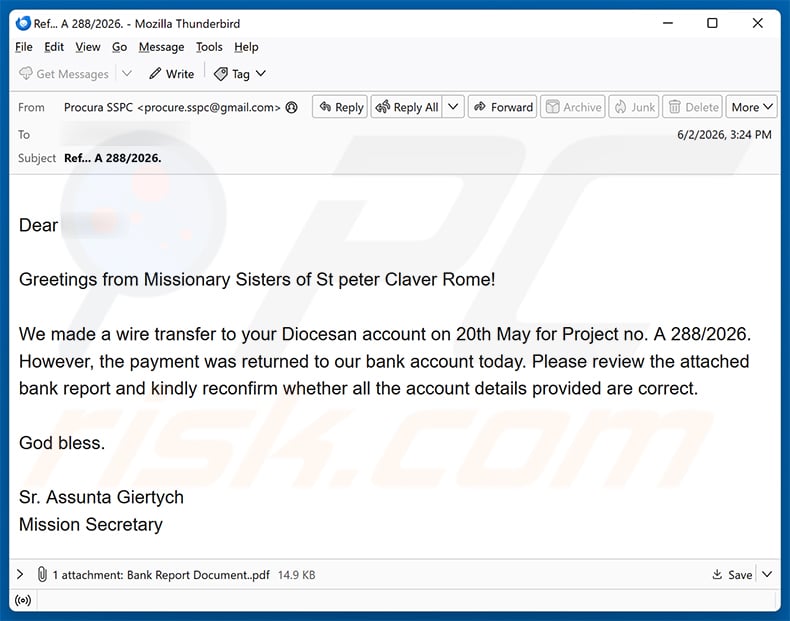Wire Transfer To Your Diocesan Account email spam campaign