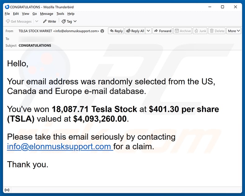 You've Won Tesla Stock email spam campaign