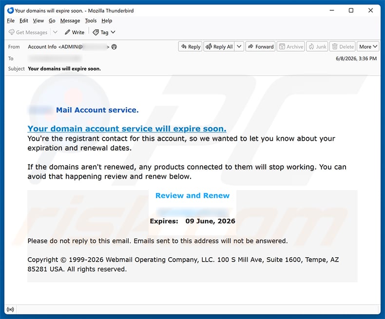 Your Domain Account Service Will Expire Soon email spam campaign
