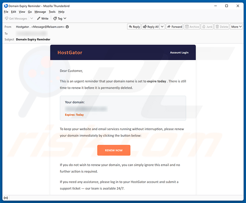 Your Domain Is Scheduled To Expire email scam (2026-06-30)