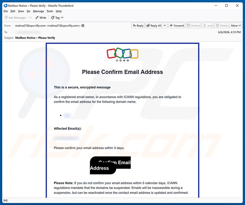 Zoho Email Address Verification Scam email spam campaign