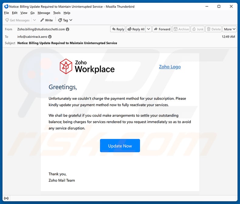 Zoho Workplace Payment Method Update email spam campaign