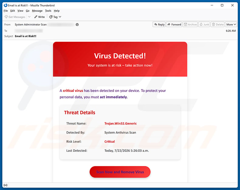 A Critical Virus Has Been Detected On Your Device Email Scam email spam campaign