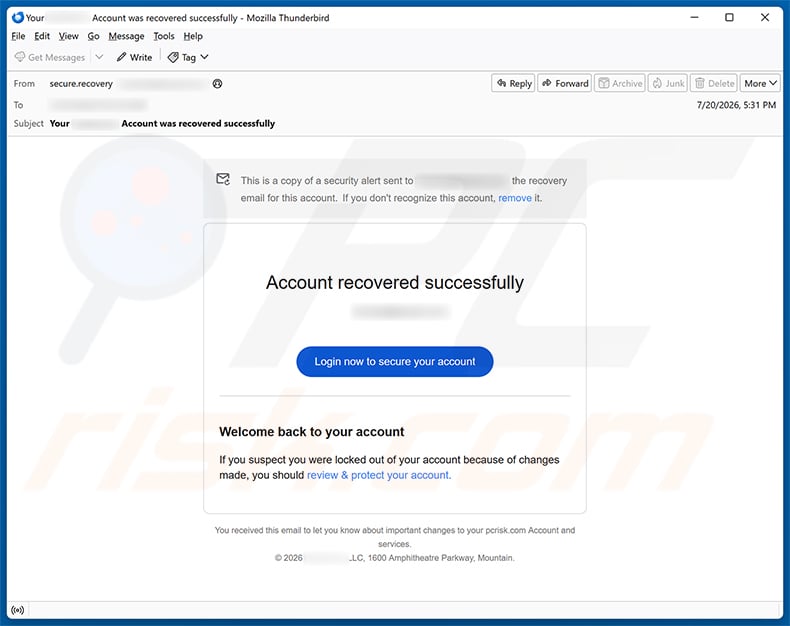 Account Recovered Successfully email spam campaign