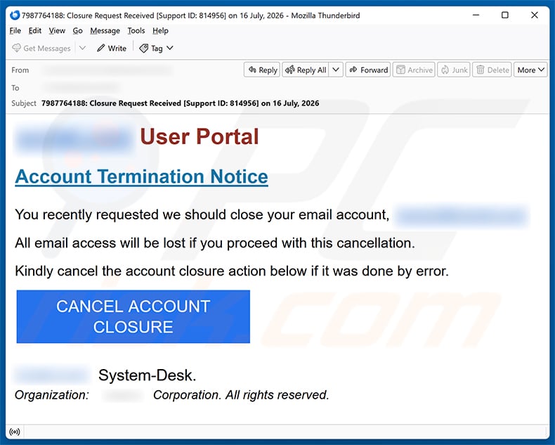 Account Termination Notice email spam campaign