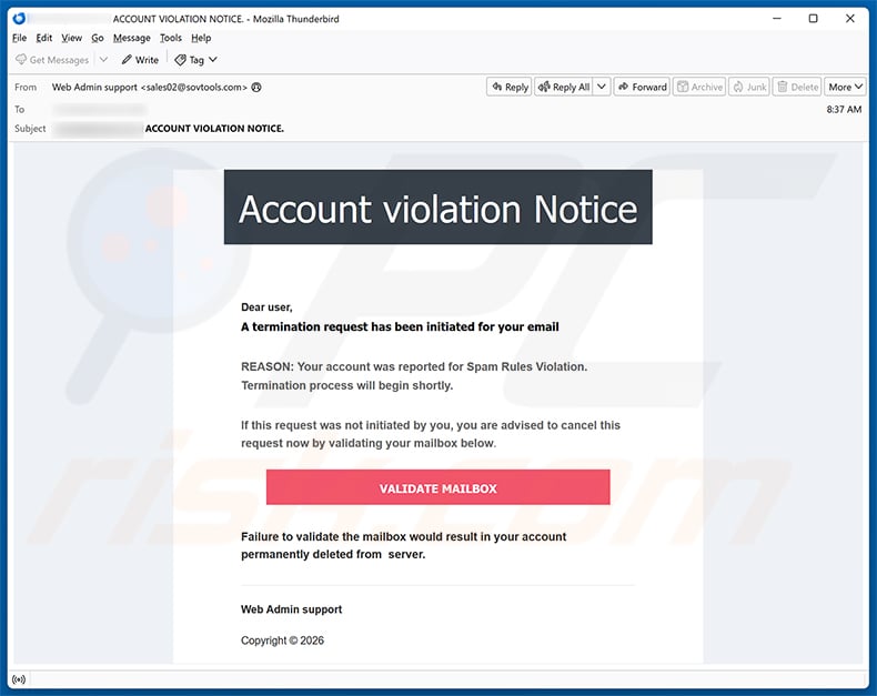 Account Violation Notice email spam campaign