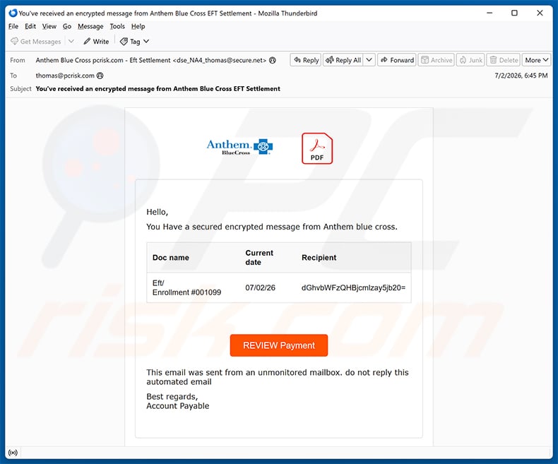 Anthem Encrypted Message email scam (2026-07-03)