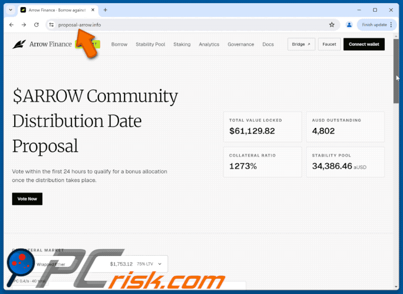 Appearance of Arrow Finance ($ARROW) Vote Rewards Scam (GIF)