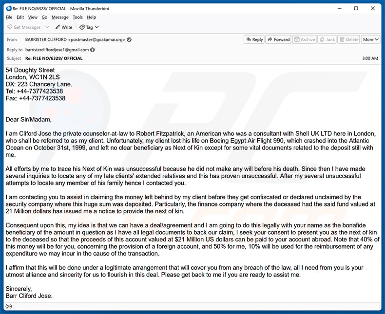 Assistance In Claiming The Money email scam