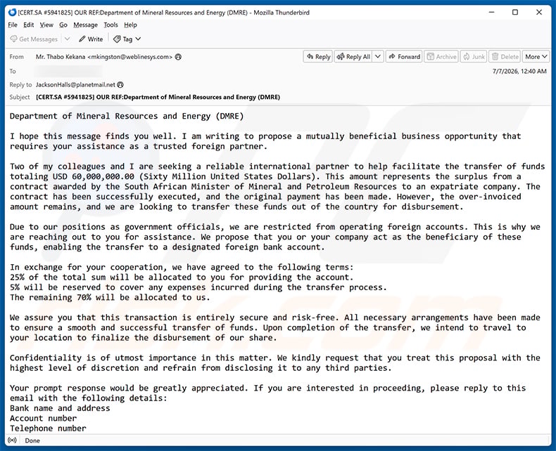 Assistance To Move Funds email scam (2026-07-08)