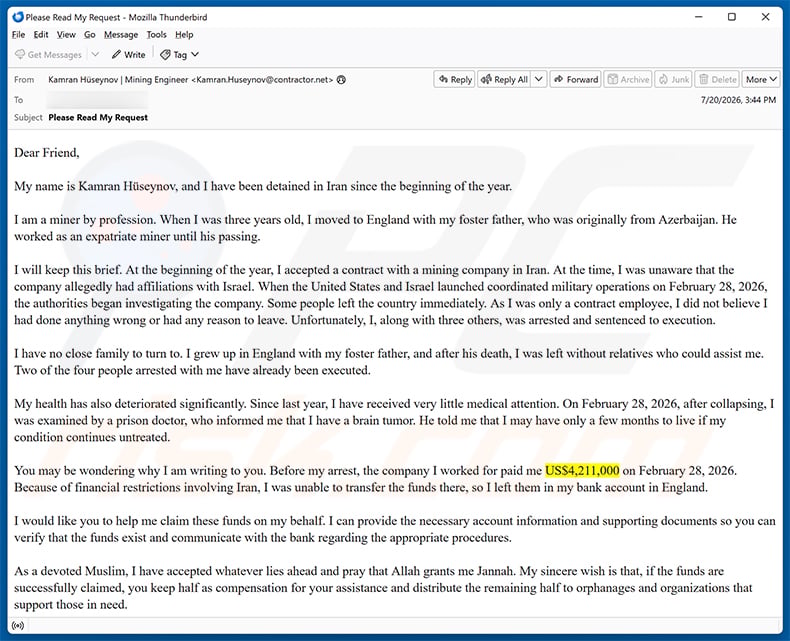 Assistance To Move Funds Email Scam (2026-07-21)