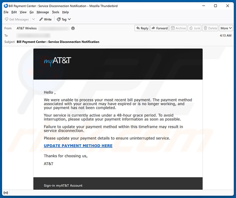 AT&T Payment Could Not Be Processed email scam (2026-07-13)
