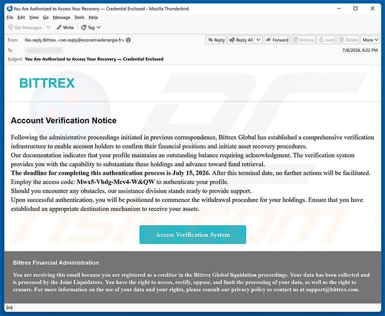Bittrex Account Verification email spam campaign