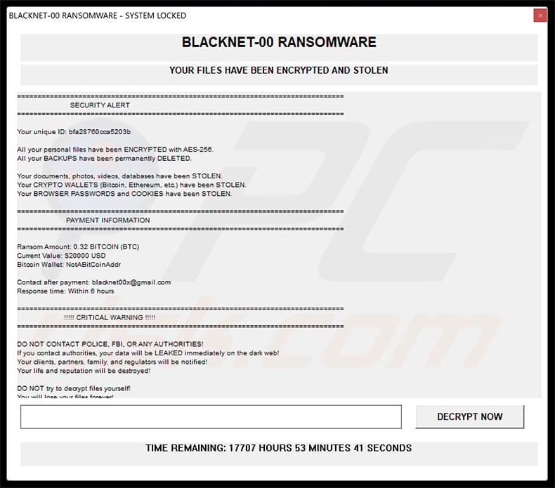 BLACKNET ransomware pop-up window