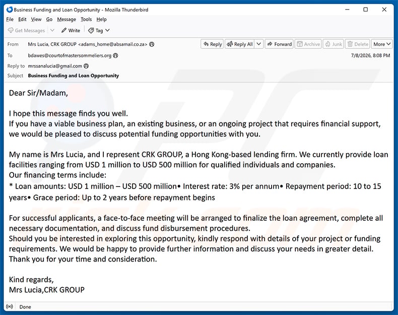 Business Funding Opportunities email spam campaign