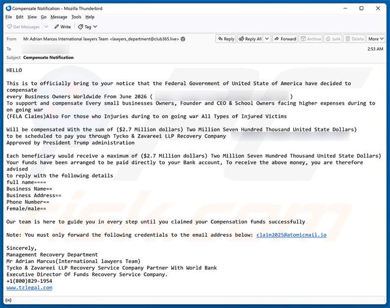 Business Owner Compensation Email Scam email spam campaign