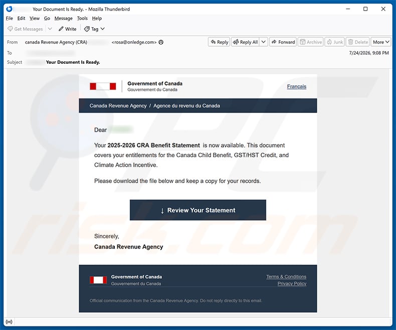 Canada Revenue Agency (CRA) Benefit Statement email spam campaign