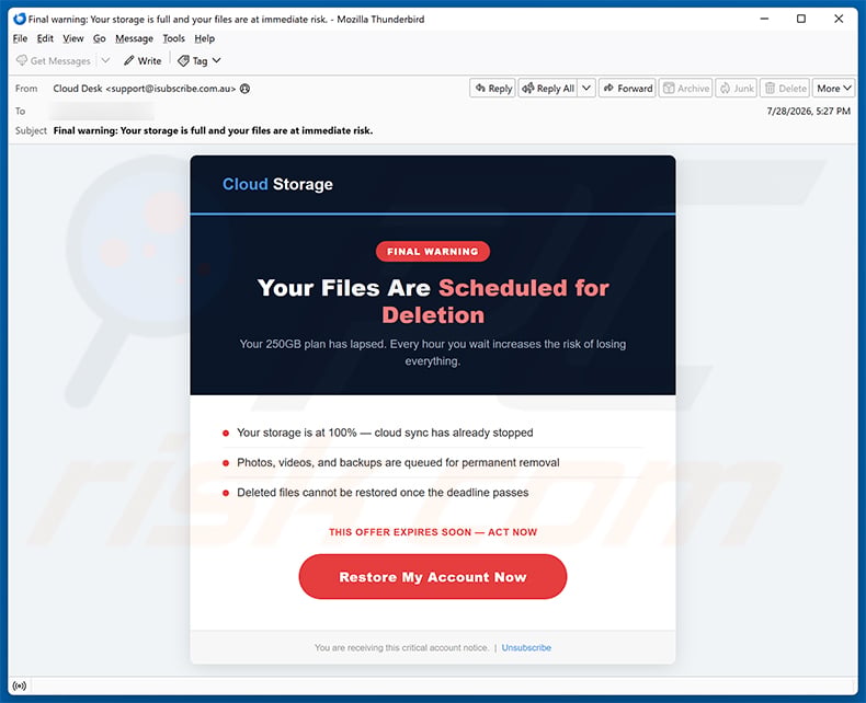 Cloud Files Are Scheduled For Permanent Deletion email scam (2026-07-29)