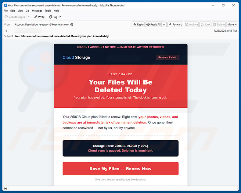 Cloud Storage Renewal Failed email scam (2026-07-23)