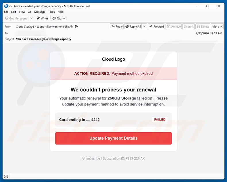 Cloud - Your Payment Method Has Expired Email Scam (2026-07-14)