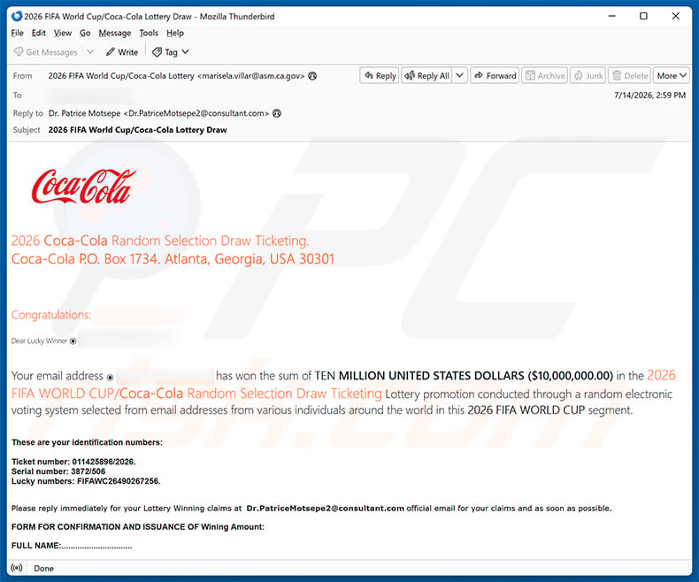 Coca Cola Lottery email scam (2026-07-15)