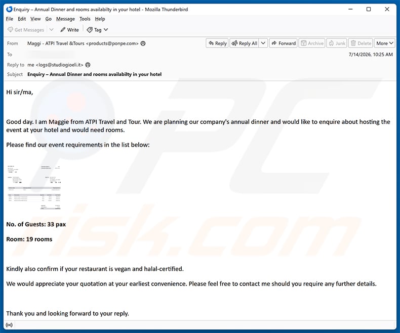 Company's Annual Dinner email spam campaign