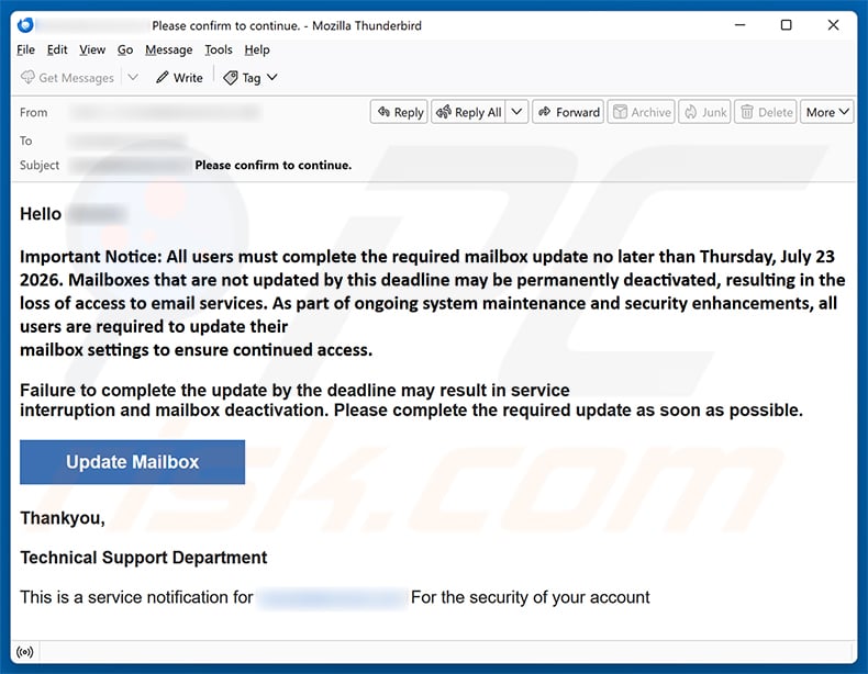 Complete The Required Mailbox Update Email Scam email spam campaign