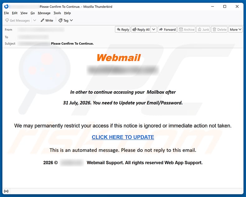 cPanel Email/Password Update Scam email spam campaign