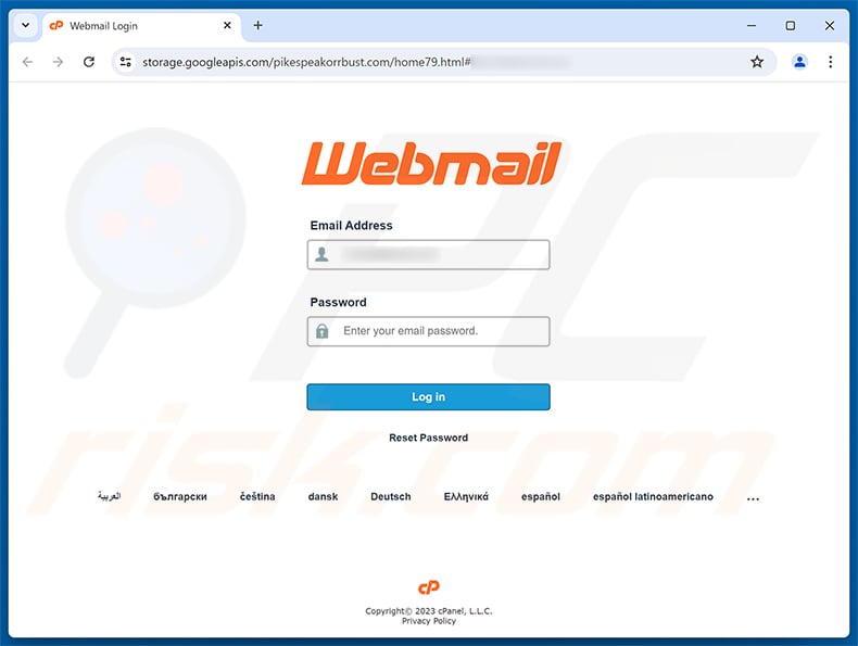 cPanel Email/Password Update Scam phishing page